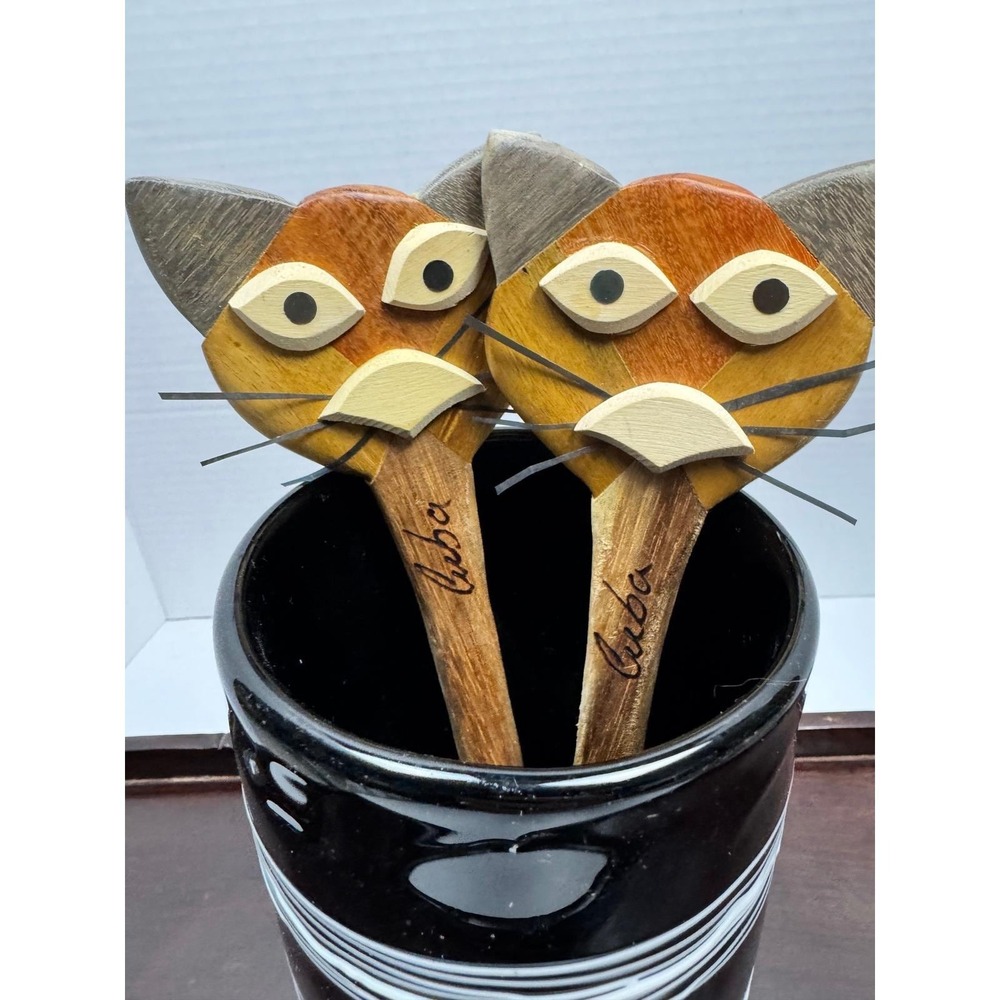 Vintage Cuba Hand Carved Wood Cat Salad Server Set Inlay Wooden Spoon Fork 10in